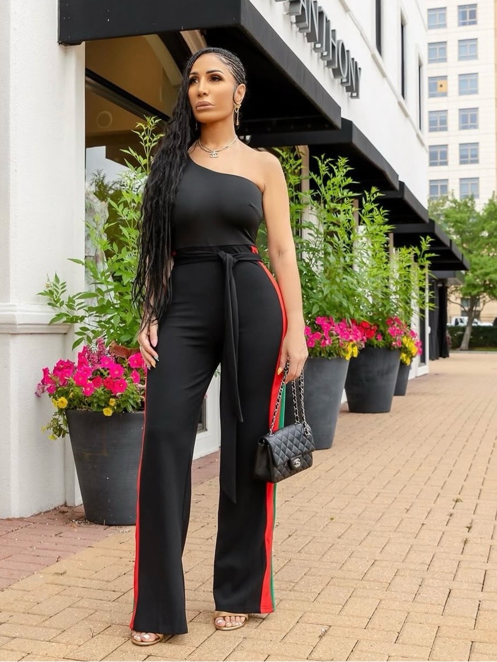 One-Shoulder Black Wide-Leg Jumpsuit with Red & Green Side Stripe